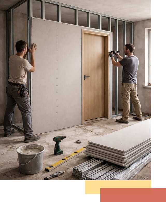 Перегородка из гипсокартона с дверью под ключ в Партизанске