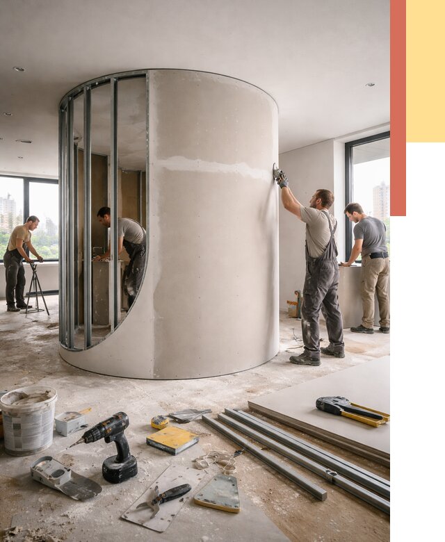 Радиусная перегородка из гипсокартона в Партизанске от 3113 руб. под ключ | ОТДЕЛОЧНИК-Прт