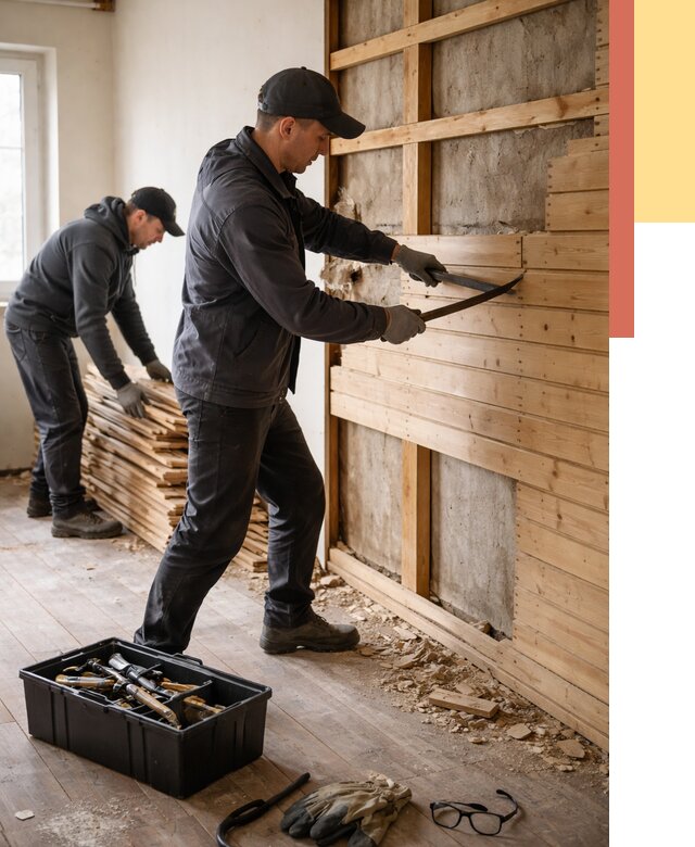 Демонтаж вагонки в Партизанске от 4079 руб/м2 — быстро и недорого | ОТДЕЛОЧНИК-Прт