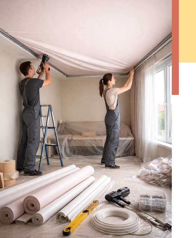 Монтаж цветного натяжного потолка в Партизанске от 4508 руб/м² — быстро и недорого | ОТДЕЛОЧНИК-Прт