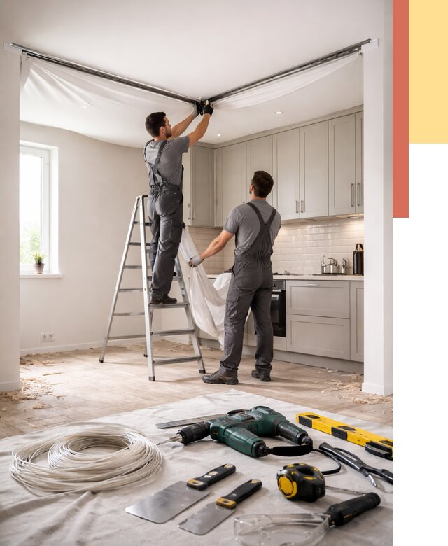 Установка натяжного потолка на кухне в Партизанске от 2576 руб. | ОТДЕЛОЧНИК-Прт