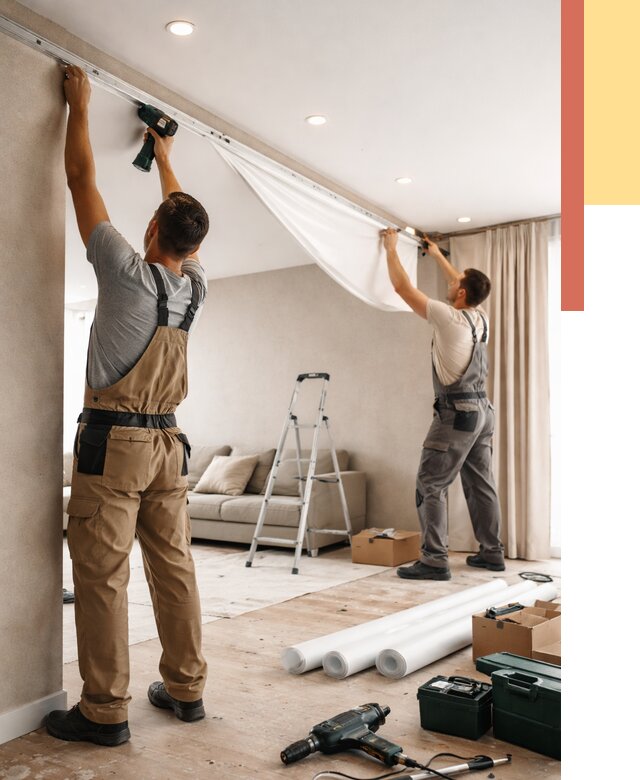 Монтаж натяжного потолка в гостиной в Партизанске от 590 руб. | ОТДЕЛОЧНИК-Прт