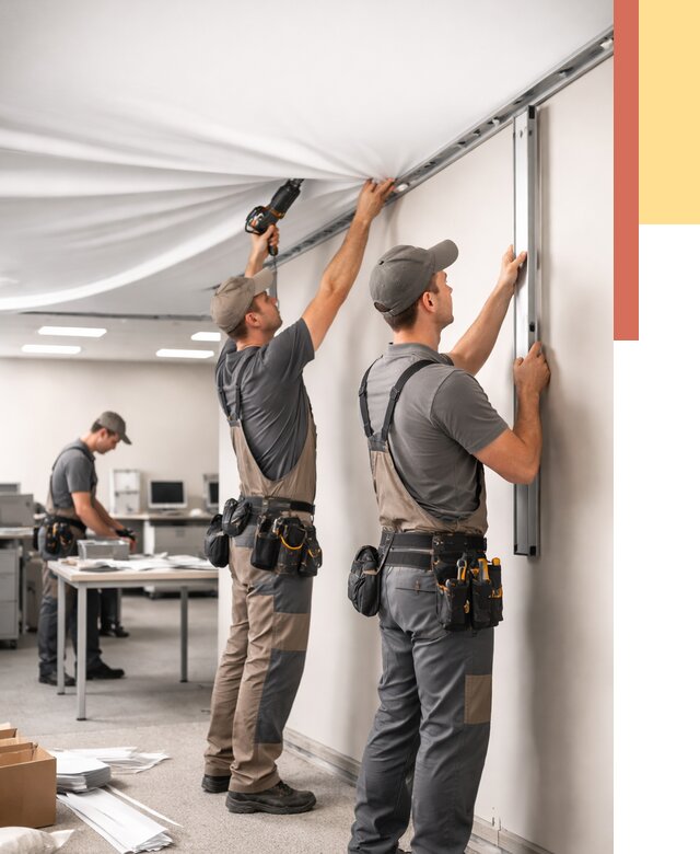 Монтаж натяжного потолка в офисе в Партизанске от 483 руб/м² — быстро и недорого | ОТДЕЛОЧНИК-Прт