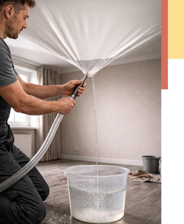 Слив воды с натяжного потолка в Партизанске от 2683 руб. быстро и недорого | ОТДЕЛОЧНИК-Прт